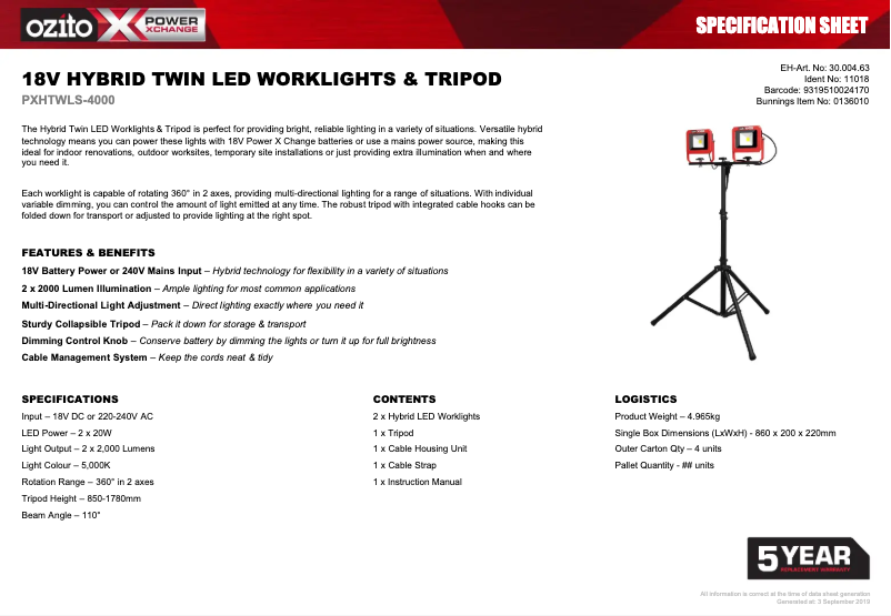 Página 1 del manual Ficha técnica Ozito PXHTWLS-4000