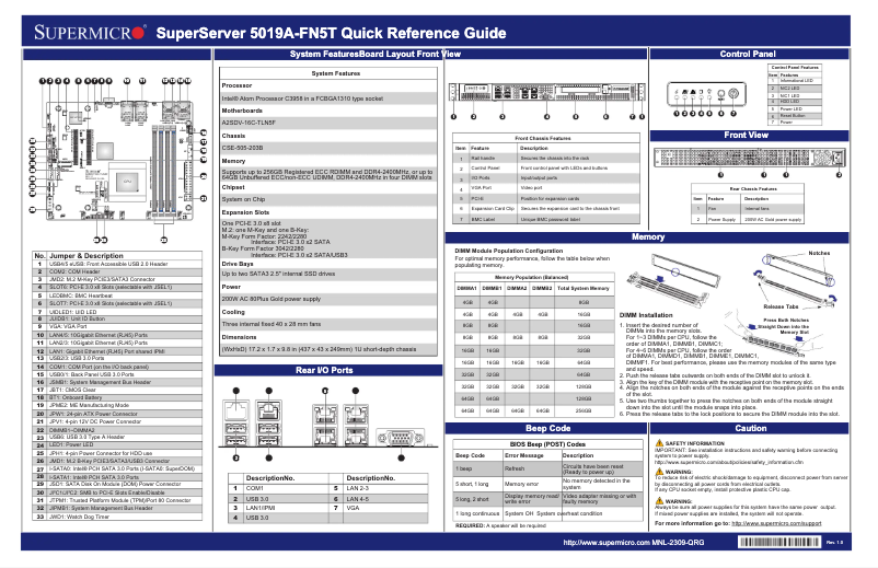 Page 1 de la notice Guide de démarrage rapide Supermicro SuperServer 5019A-FN5T