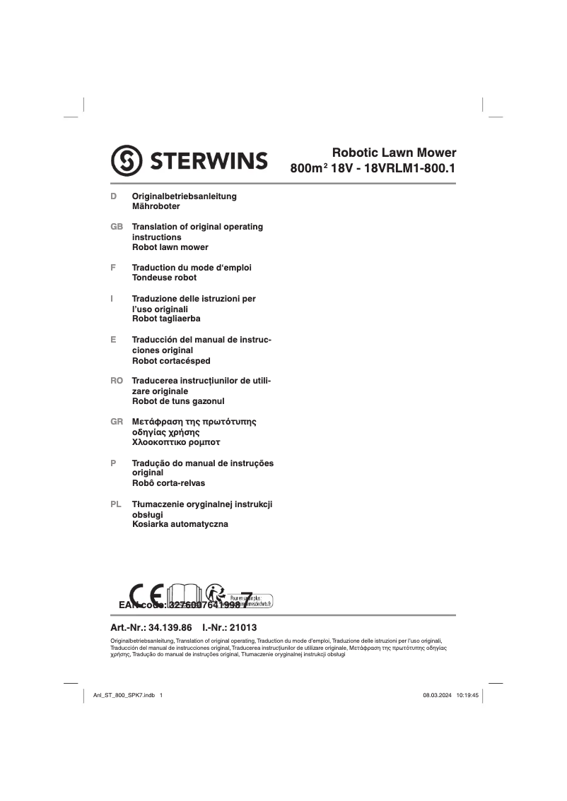 Page 1 de la notice Manuel utilisateur Sterwins Robotic Lawn Mower 800m2 18V