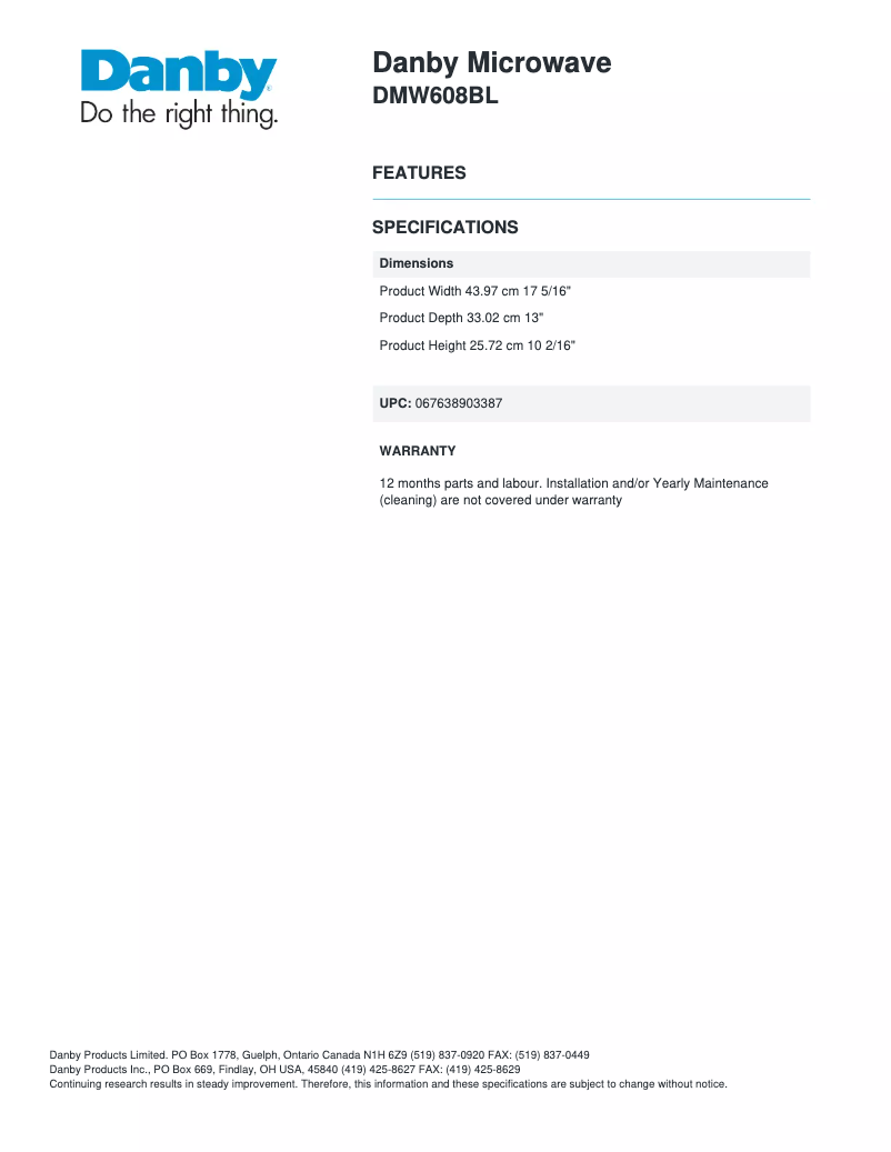 Page 1 de la notice Fiche technique Danby DMW608BL