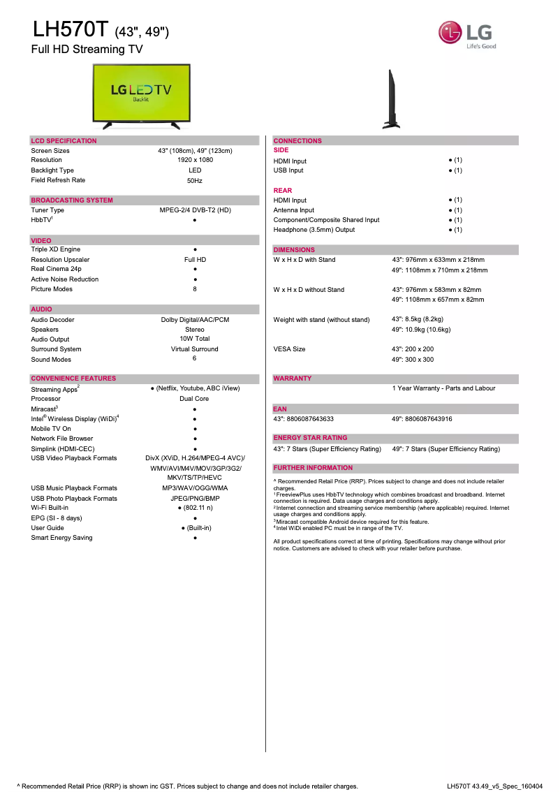 Image de la première page du manuel de l'appareil 43LH570T