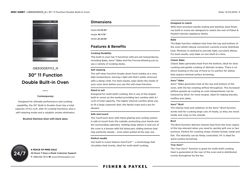 Page 1 de la notice Fiche technique Fisher & Paykel OB30DDEPX3_N