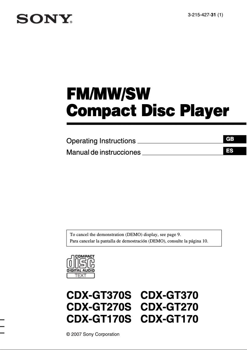 Page 1 de la notice Manuel utilisateur Sony CDX-GT170