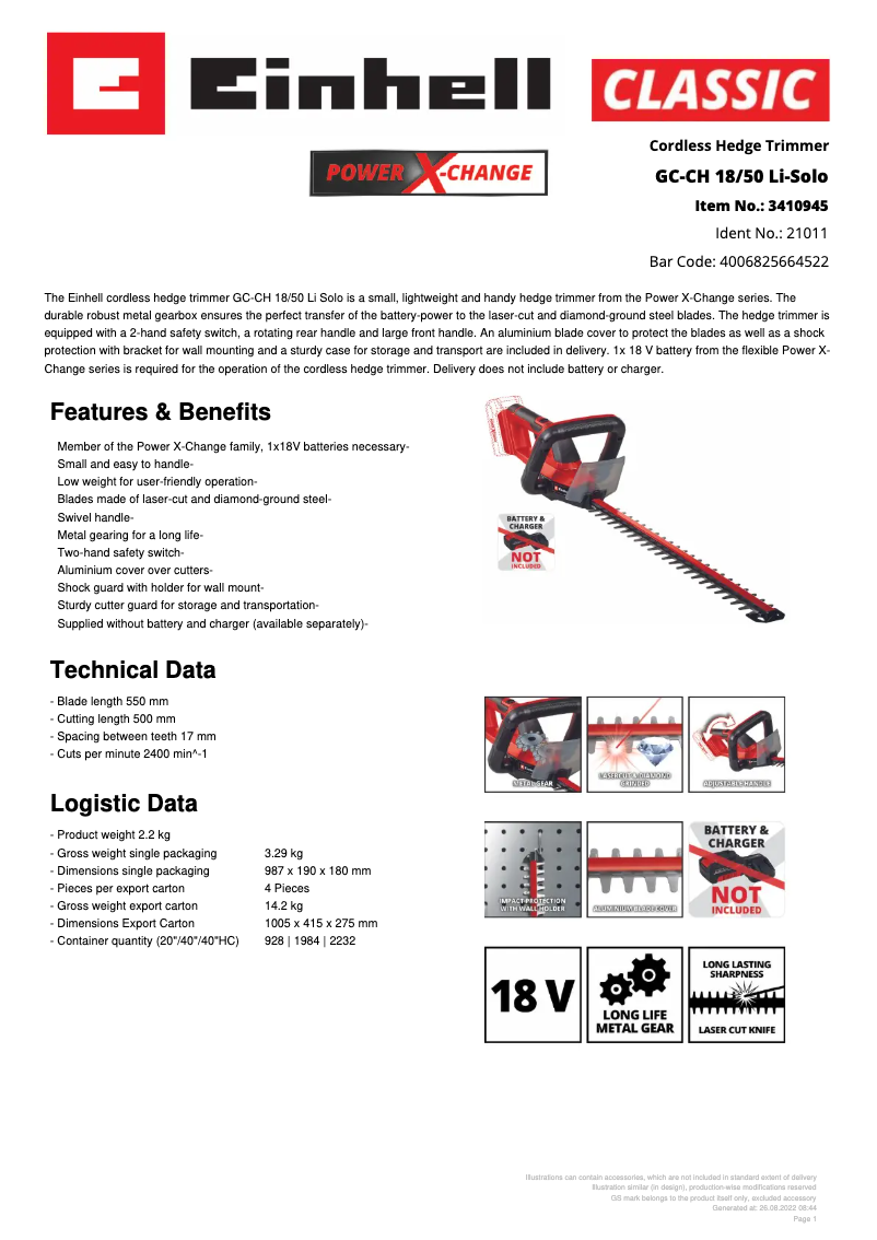 Page 1 de la notice Fiche technique Einhell GC-CH 18/50 Li
