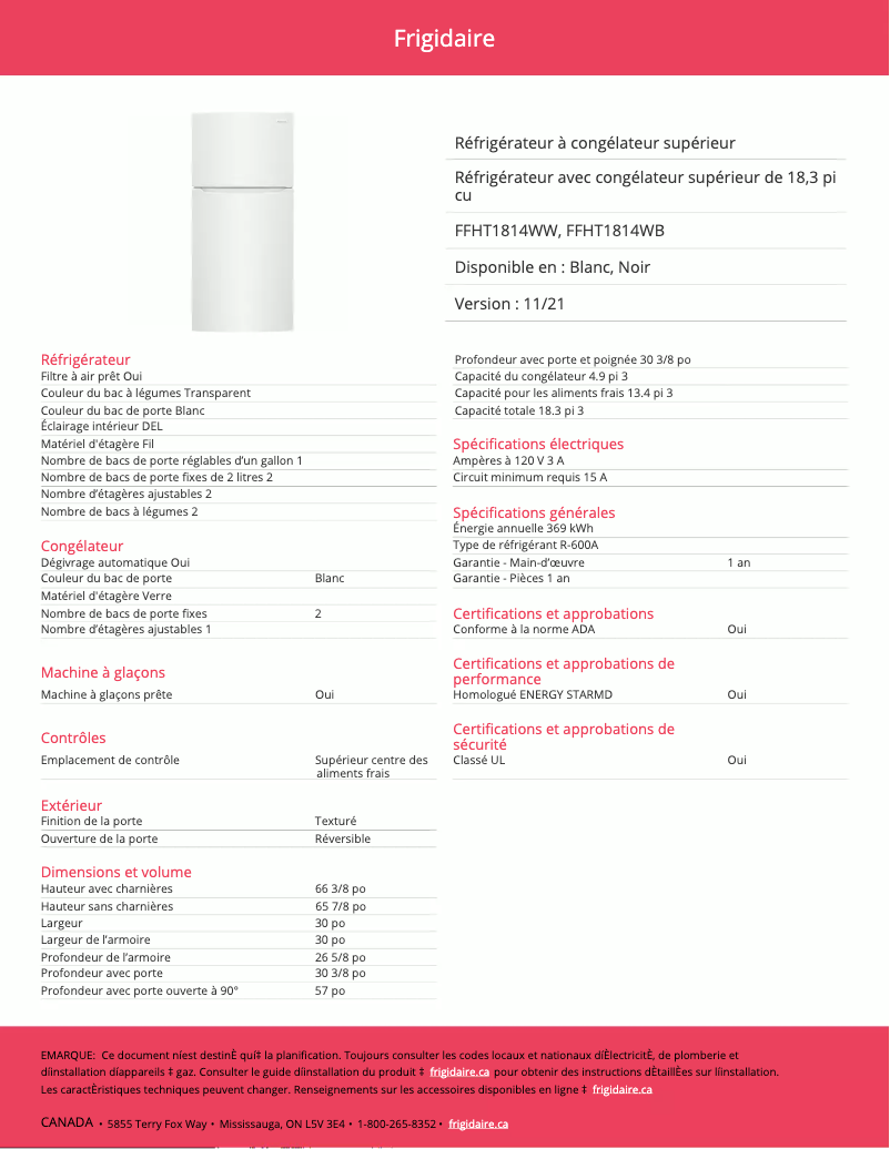 Page n°1 - Fiche technique Frigidaire FFHT1814WW
