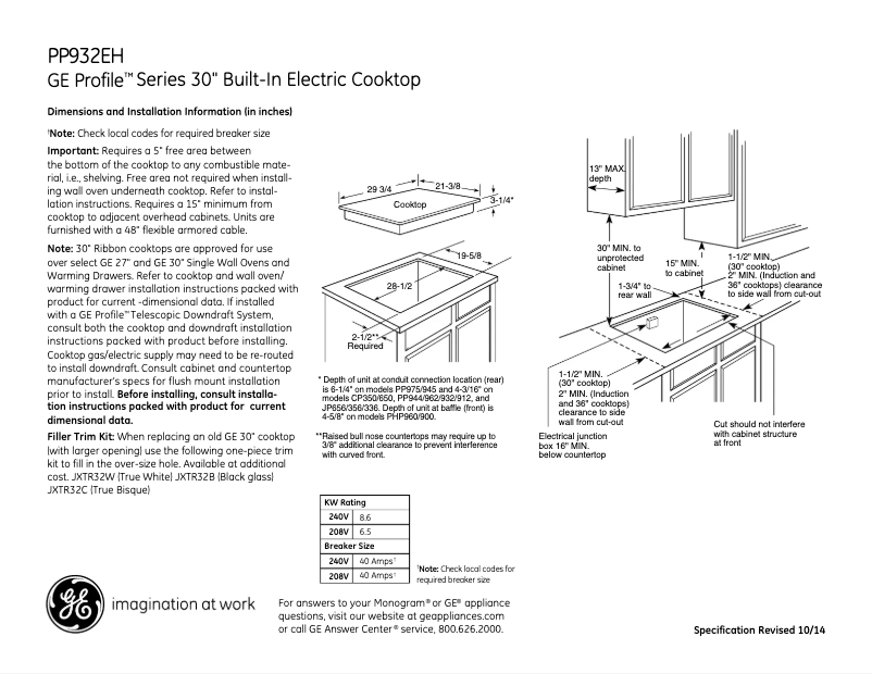 Page 1 of the manual Technical Sheet GE Profile PP932EHES
