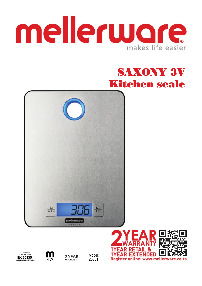 Page 1 de la notice Manuel utilisateur Mellerware Saxony 26001