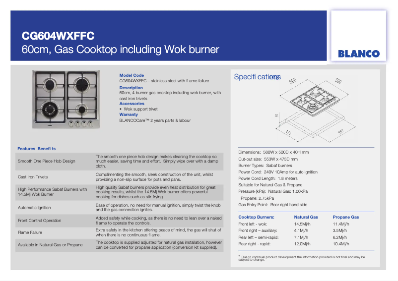 Page 1 de la notice Fiche technique BLANCO CG604WXFFC