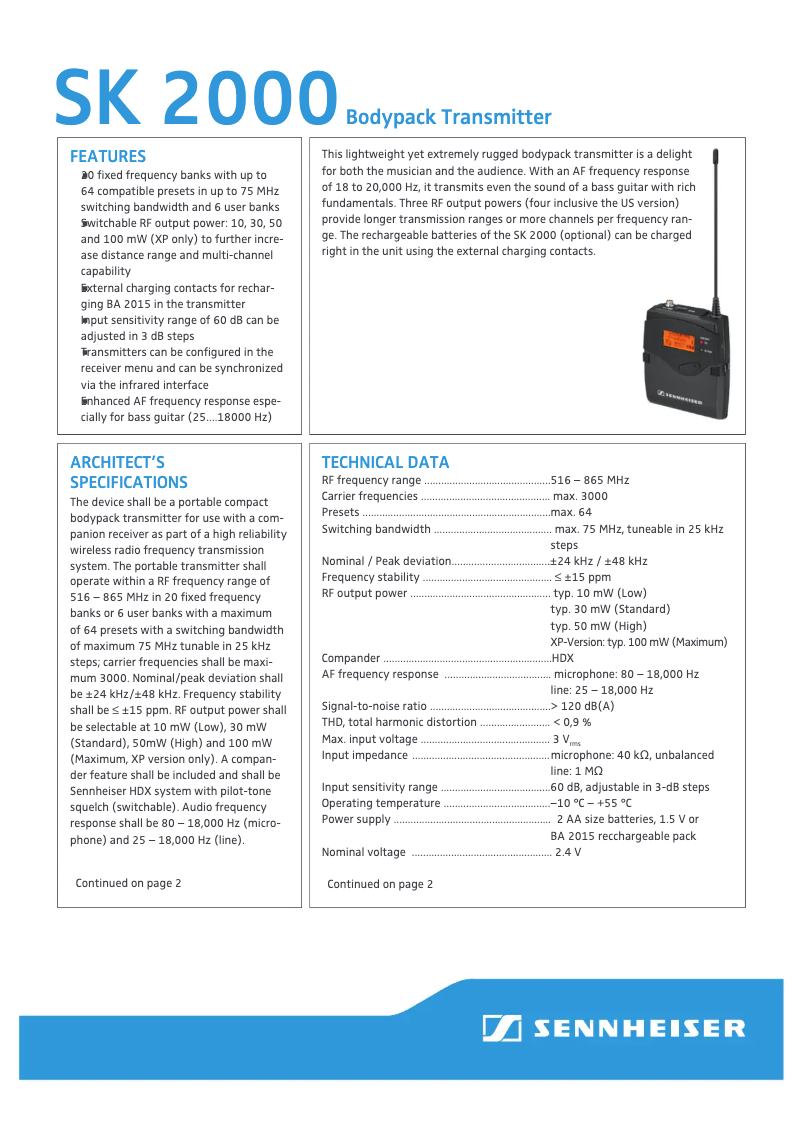 Page n°1 - Fiche technique Sennheiser SK 2000