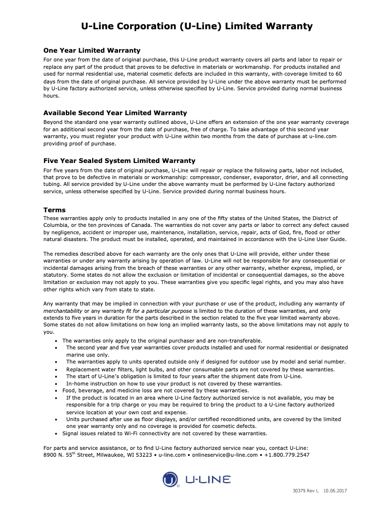 Page 1 de la notice Informations de garantie U-Line UHBV518-SG51A