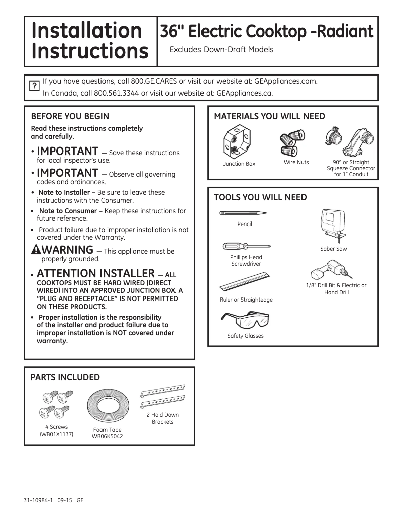 Page 1 de la notice Guide d'installation GE JP3536DJBB