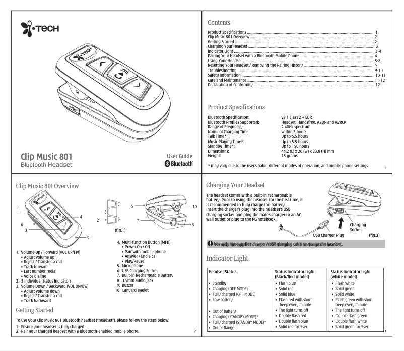 Page n°1 - Manuel utilisateur Itech Clip Music 801