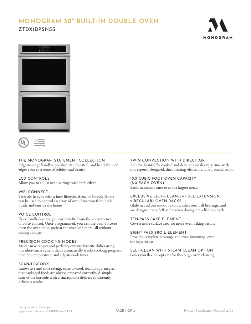 Page n°1 - Fiche technique Monogram ZTDX1DPSNSS