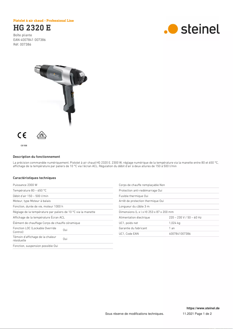 Page 1 de la notice Fiche technique Steinel HG 2320 E