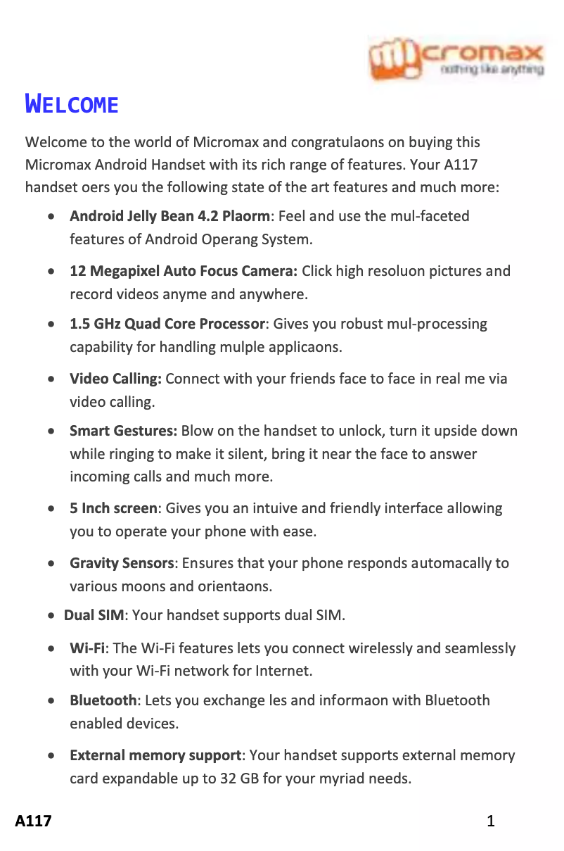 Page 1 de la notice Manuel utilisateur Micromax Canvas Magnus A117