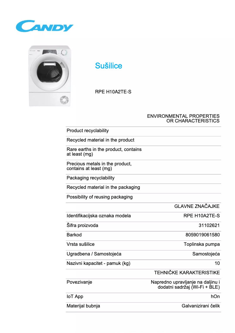 Page 1 de la notice Fiche technique Candy RPE H10A2TE-S