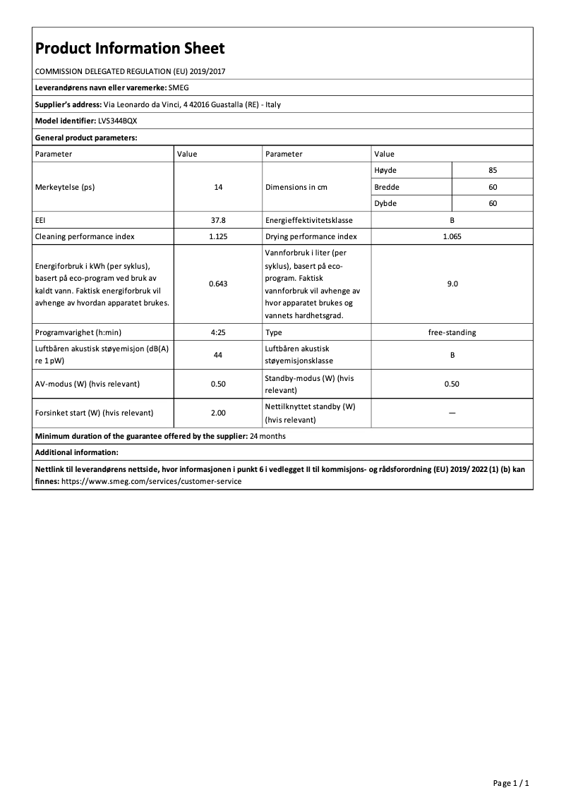 Page 1 de la notice Fiche technique Smeg LVS344BQX