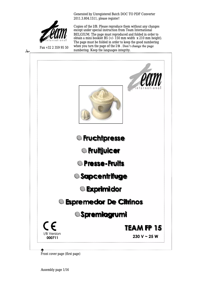 Page n°1 - Manuel utilisateur Team FP 15