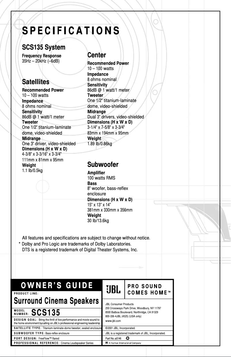 Page 1 de la notice Manuel utilisateur JBL SCS135