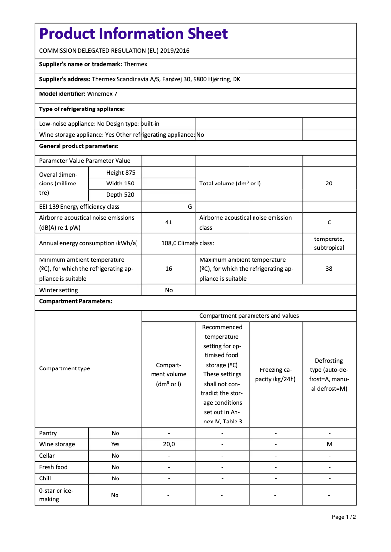 Page 1 de la notice Fiche technique Thermex Winemex 7