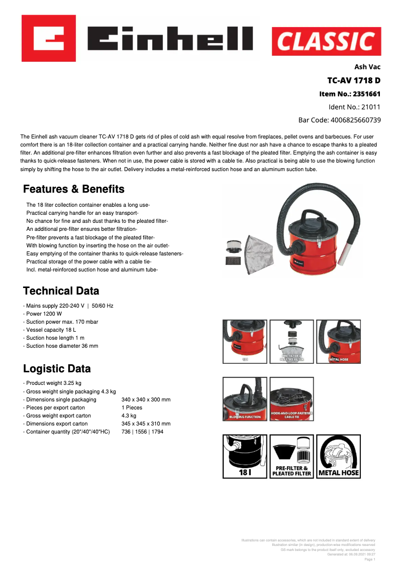 Page n°1 - Fiche technique Einhell TC-AV 1718 D