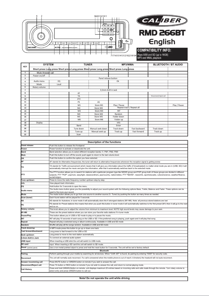 Page 1 de la notice Manuel utilisateur Caliber RMD 266BT