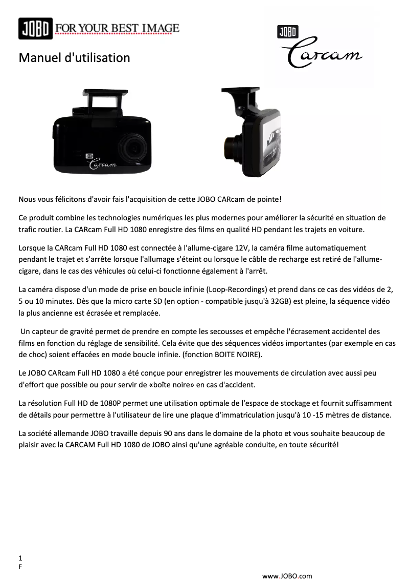 Página 1 del manual Manual de usuario Jobo CARcam 1080P