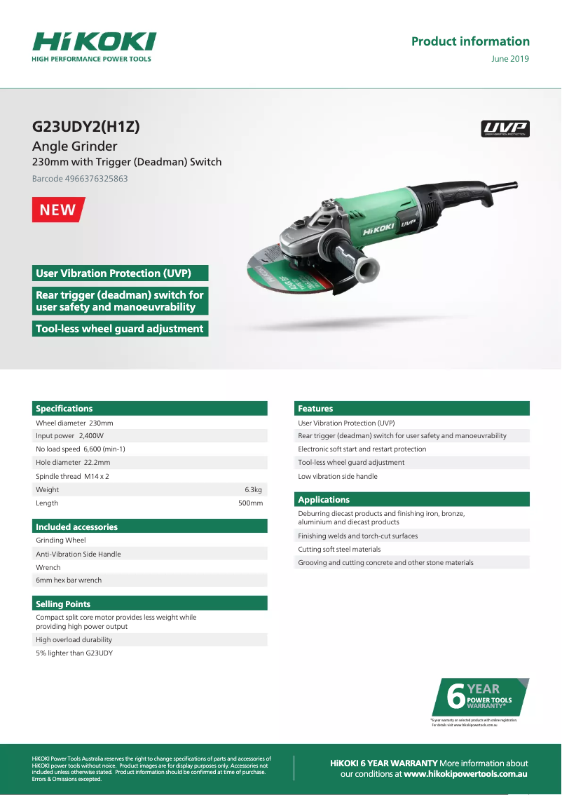 Page 1 de la notice Fiche technique HiKOKI G23UDY2