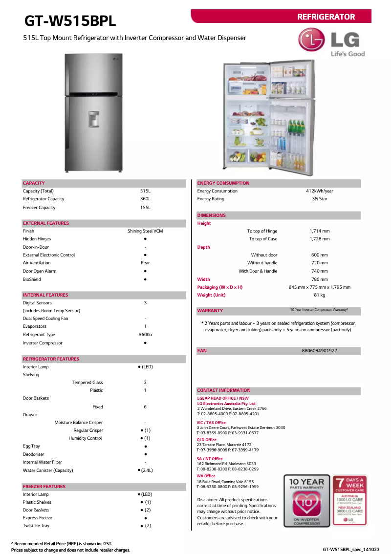 Page 1 de la notice Fiche technique LG GT-W515BPL