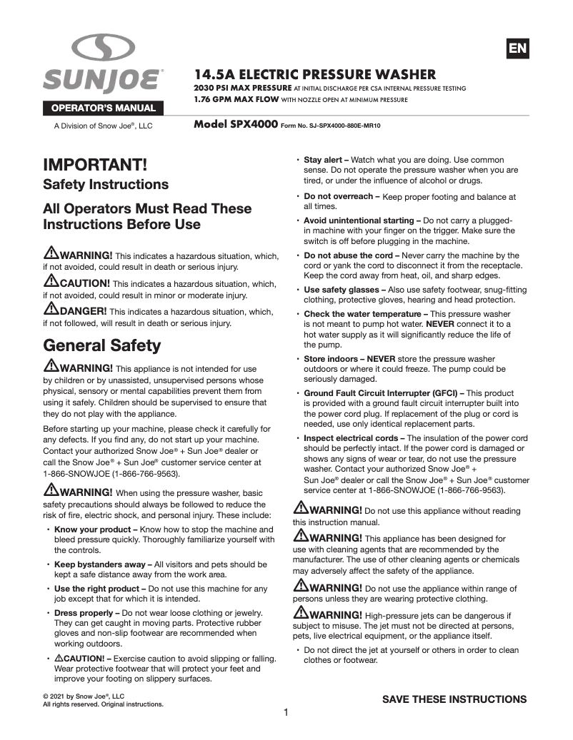 Page 1 de la notice Manuel utilisateur Sun Joe SPX4000