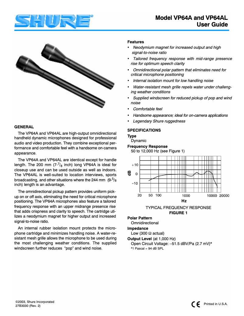 Page 1 de la notice Manuel utilisateur Shure VP64AL