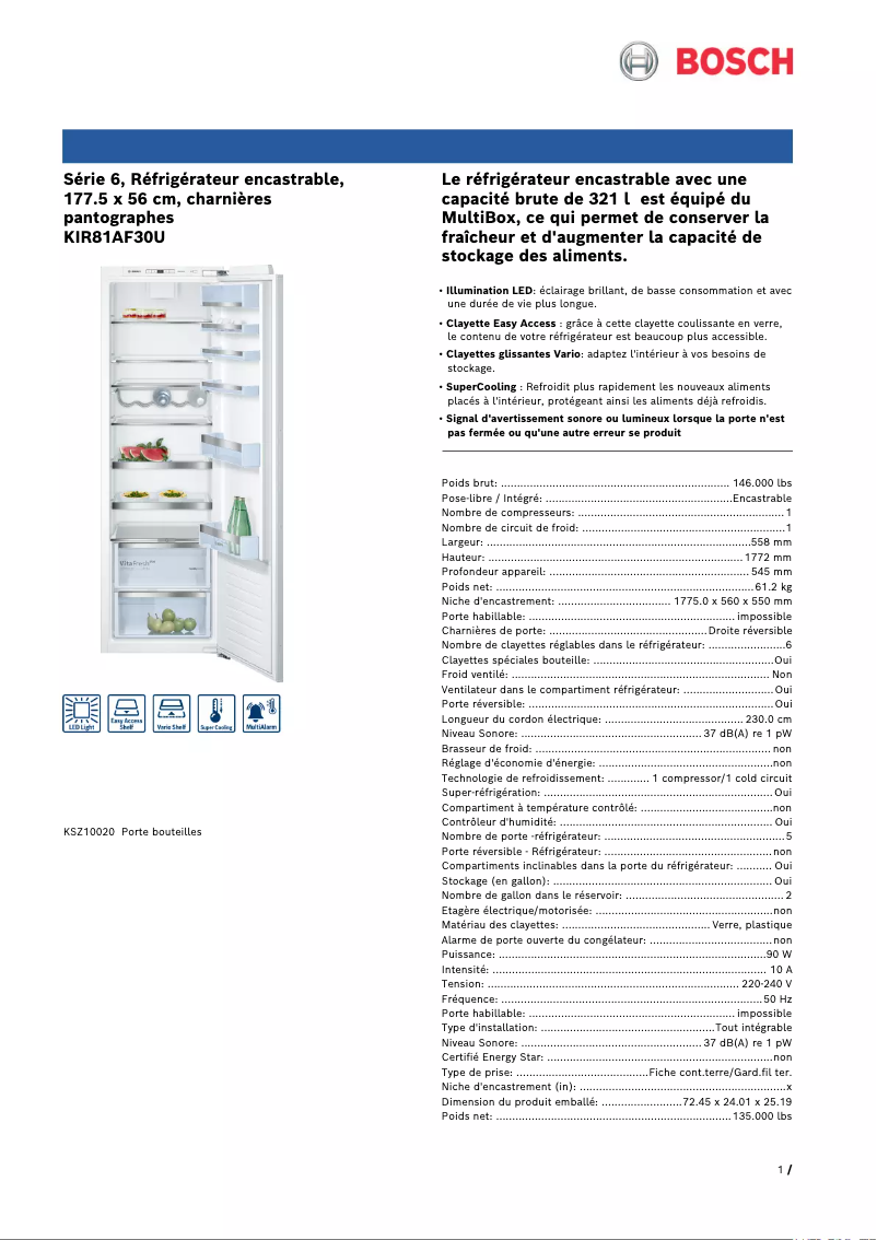Page 1 de la notice Fiche technique Bosch KIR81AF30U