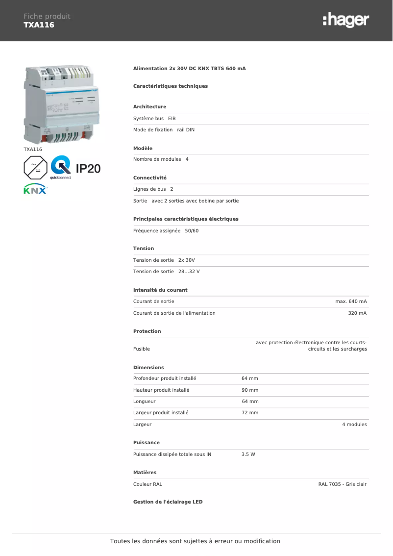 Page 1 de la notice Fiche technique Hager TXA116