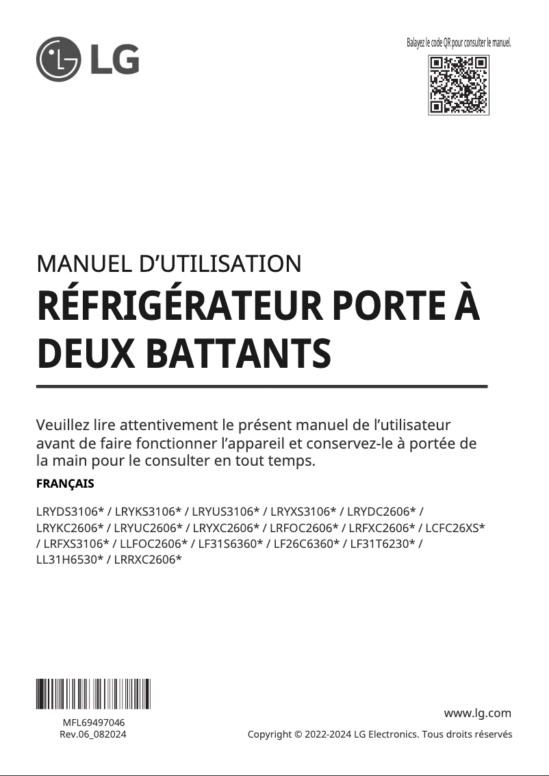Page 1 de la notice Manuel utilisateur LG LRYXC2606S