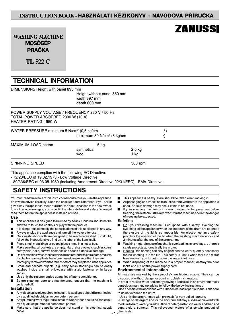 Image de la première page du manuel de l'appareil TL522C