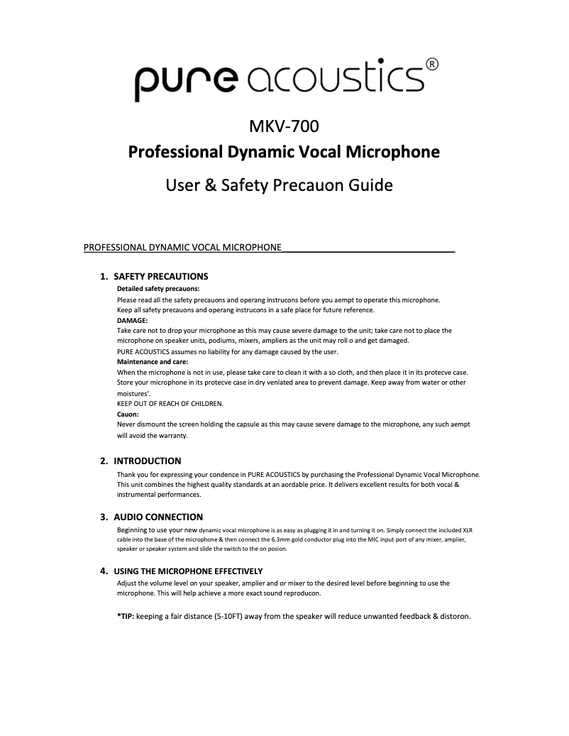 Page 1 de la notice Manuel utilisateur Pure Acoustics MKV 700