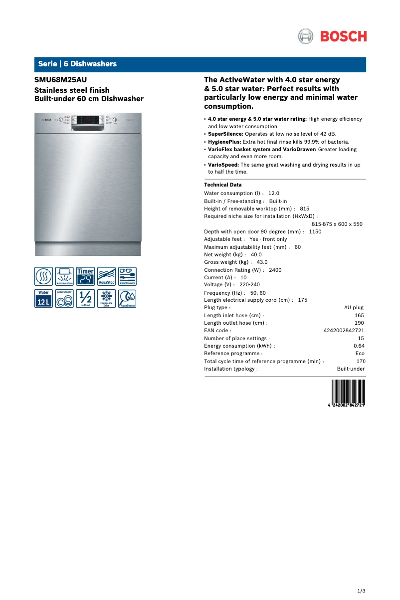 Page n°1 - Fiche technique Bosch SMU68M25AU