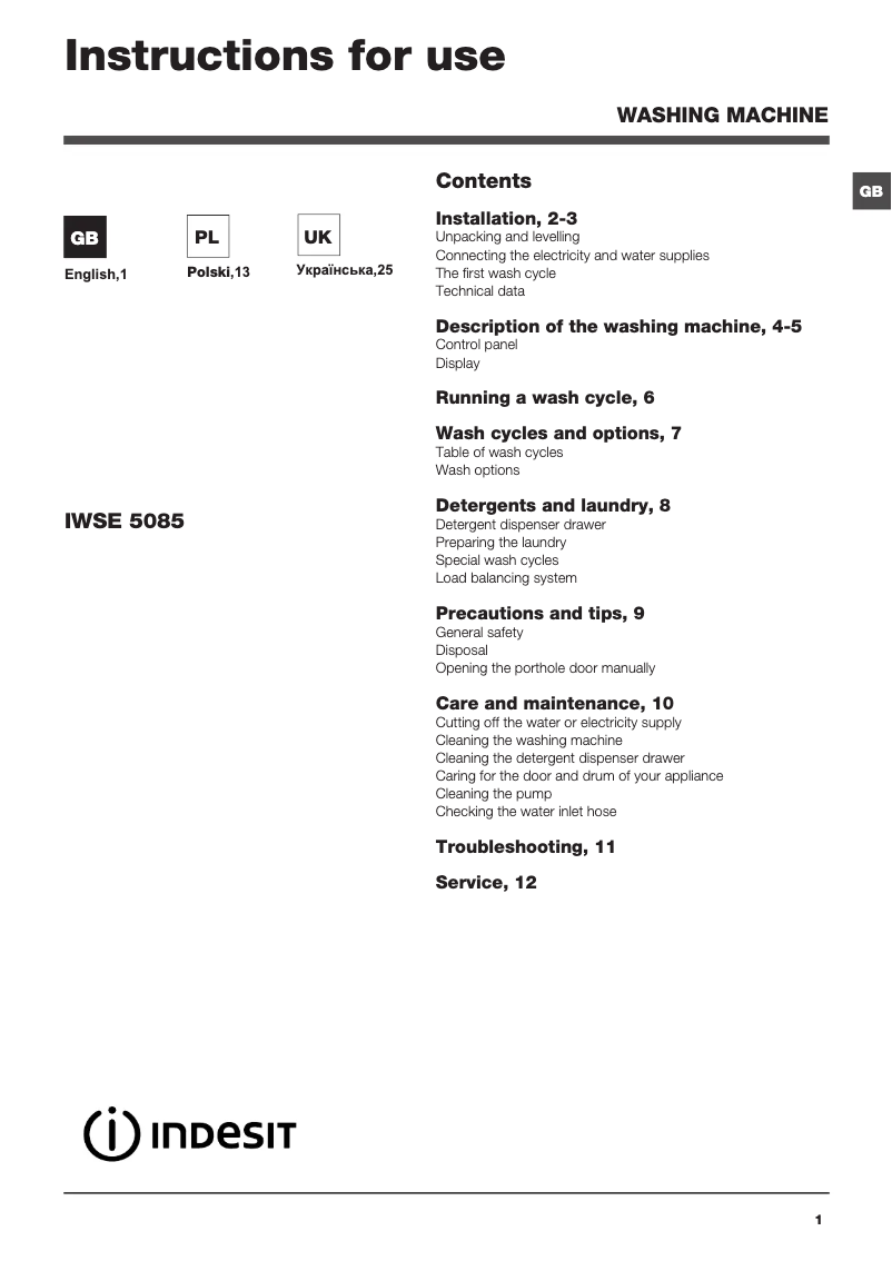 Page n°1 - Manuel utilisateur Indesit IWSE 5085 B