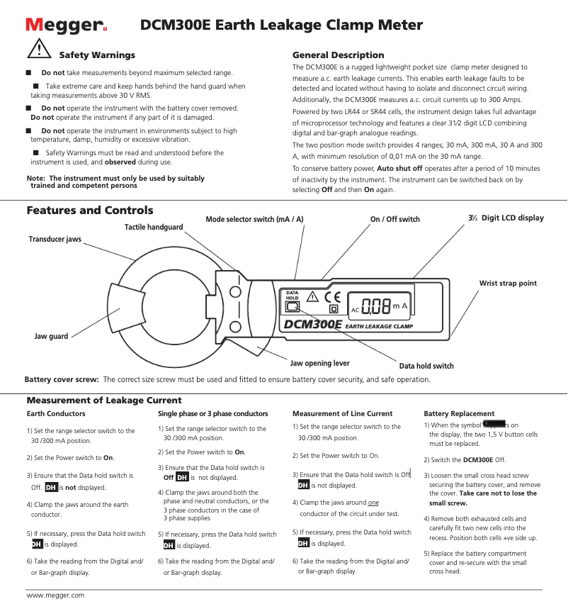 Page 1 de la notice Manuel utilisateur Megger DCM300E