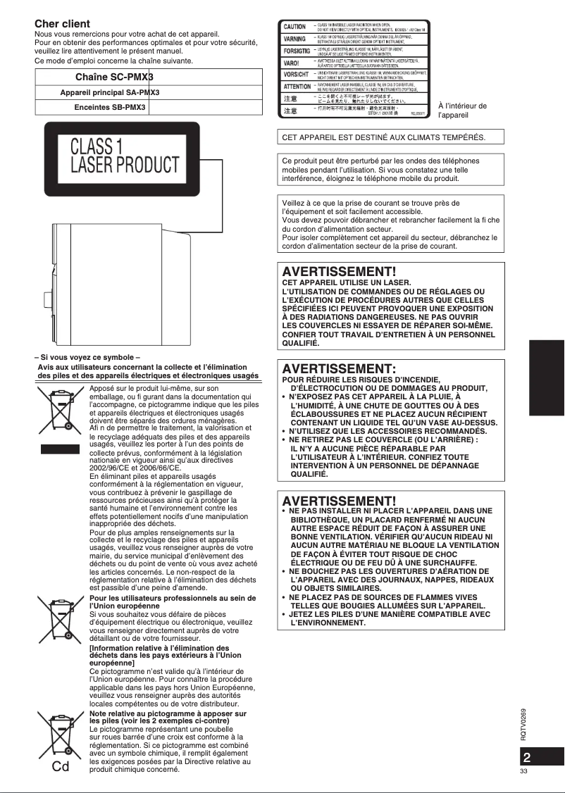 Page 1 de la notice Manuel utilisateur Panasonic SC-PMX3