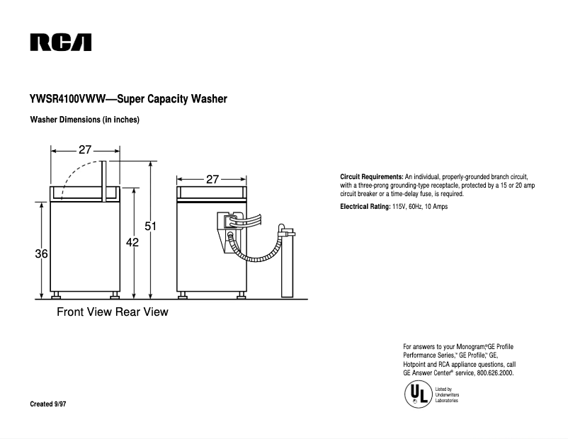 Page n°1 - Fiche technique RCA YWSR4100VWW