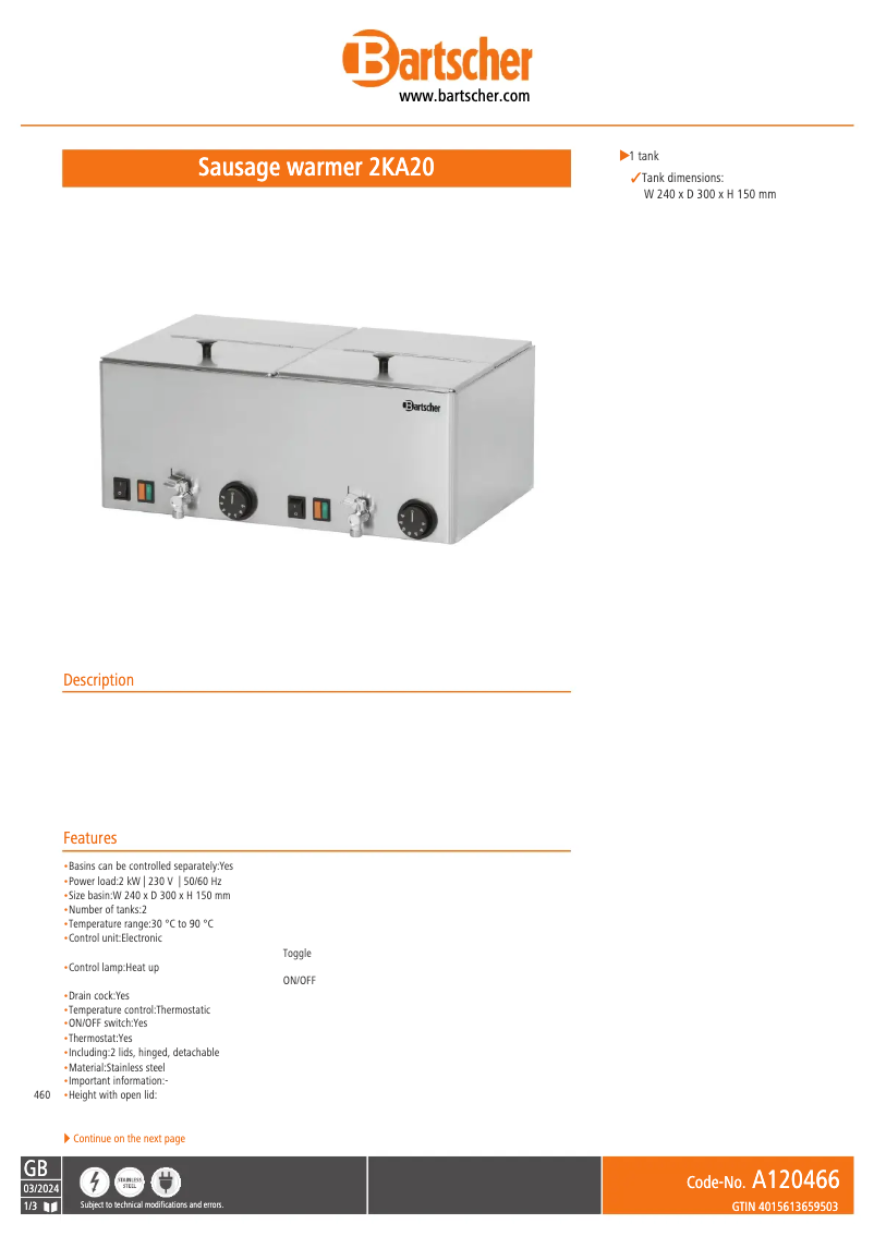 Page 1 de la notice Fiche technique Bartscher 2KA20