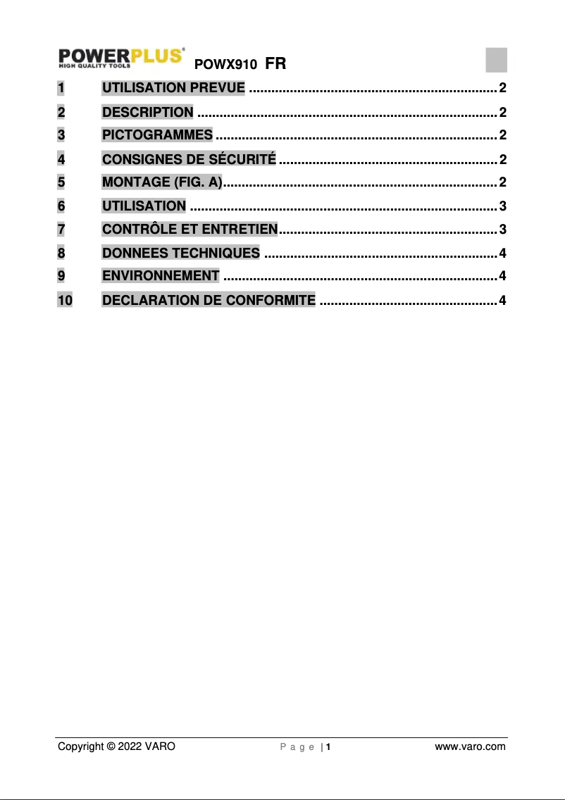 Page n°1 - Manuel utilisateur PowerPlus POWX910