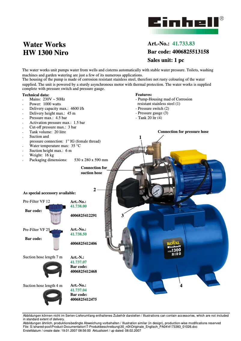 Image de la première page du manuel de l'appareil Royal HW 1300 Niro