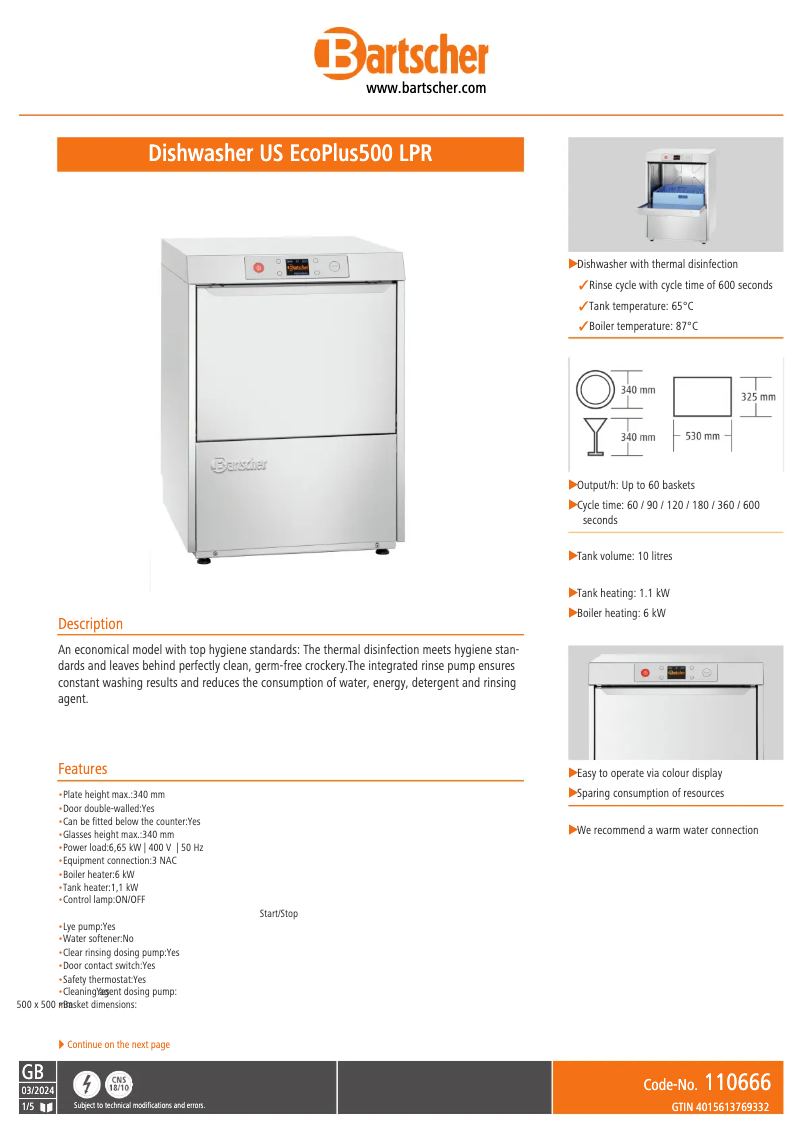 Page n°1 - Fiche technique Bartscher Deltamat TF7501ecoLPR