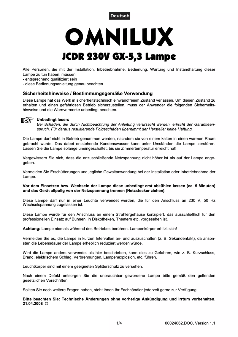 Page 1 de la notice Manuel utilisateur Omnilux JCDR 230 V