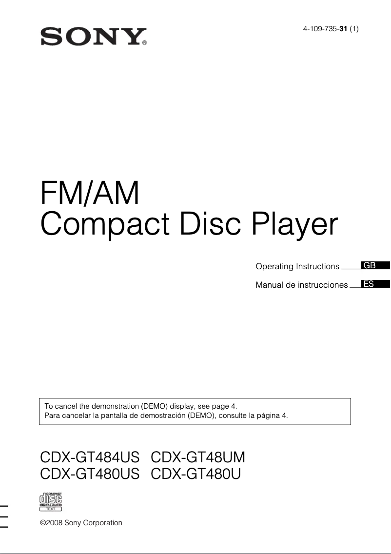 Image de la première page du manuel de l'appareil CDX-GT480U