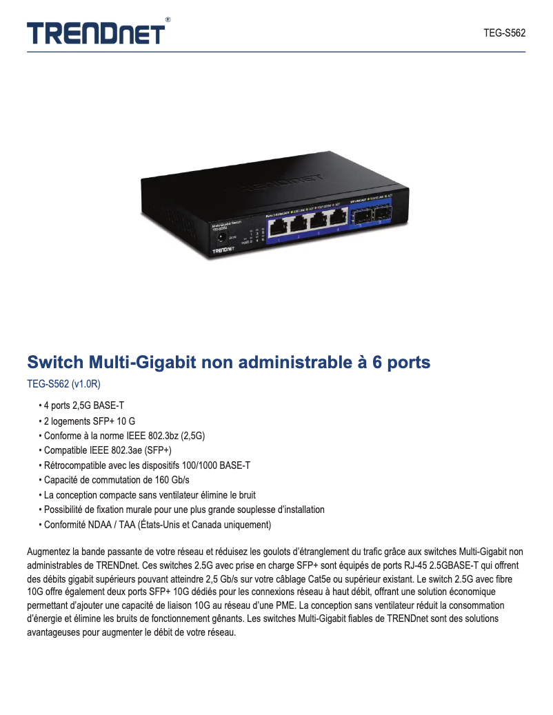 Page 1 de la notice Fiche technique TRENDnet TEG-S562
