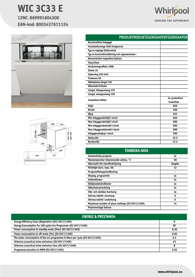 Página 1 del manual Ficha técnica Whirlpool WIC 3C33 E