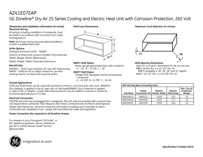 Page n°1 - Fiche technique GE AZ41E07EAP Zoneline